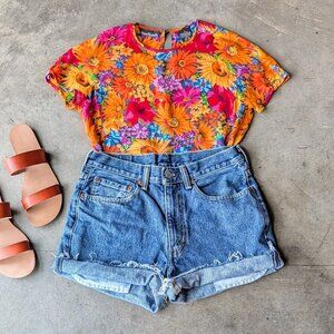 Vintage Anne Klein Silk Colorful Floral Short Sleeve blouse size 6